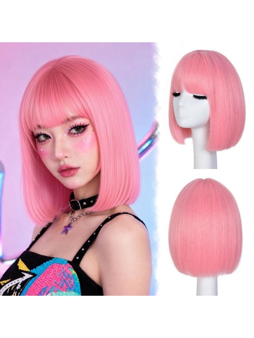12inch Women's Pink Short Straight Bob Wigs Synthetic Natural Looking With Bangs